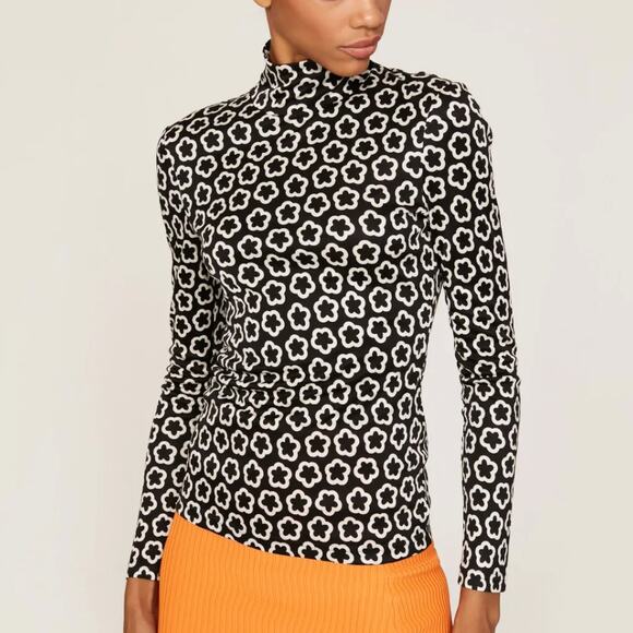 Tory Burch Black White Flower Top SIZE 8 Bodycon Long Sleeve Mockneck Silk $448 - Picture 2 of 13